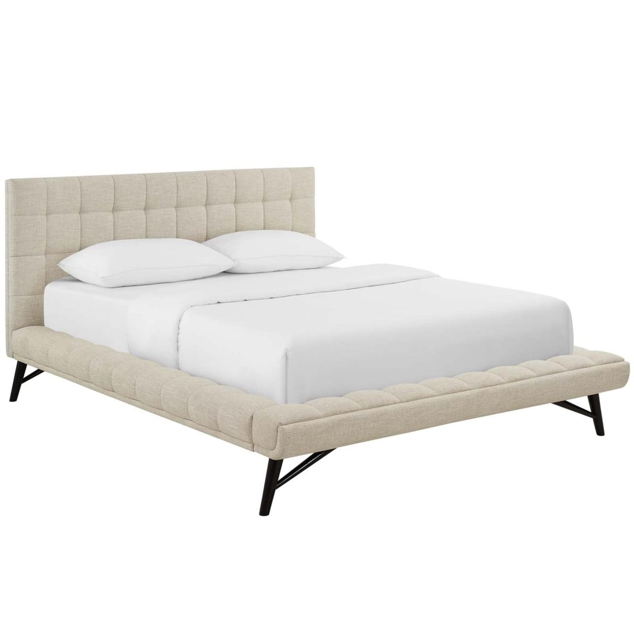 Elegant Beige Velvet Queen Platform Bed with Biscuit Tufted Headboard