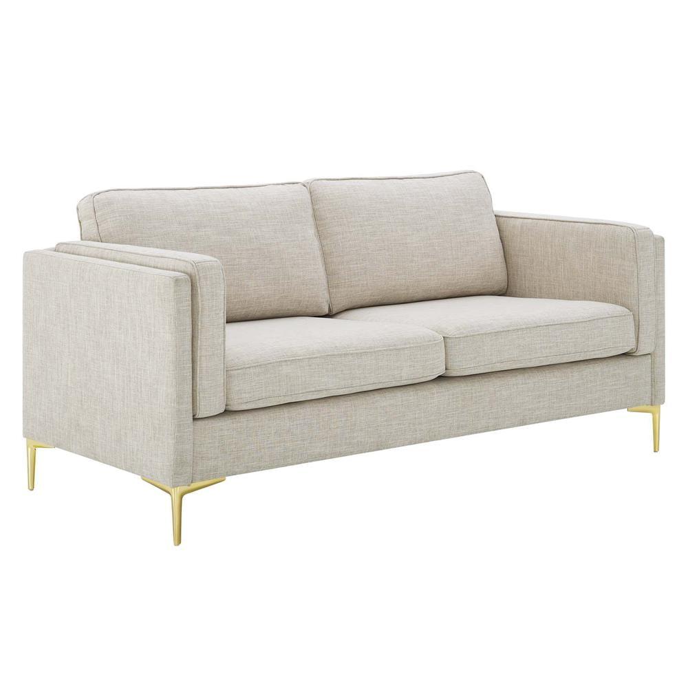 Chic Beige Velvet Fabric Sofa with Gold Metal Accents and Wood Construction