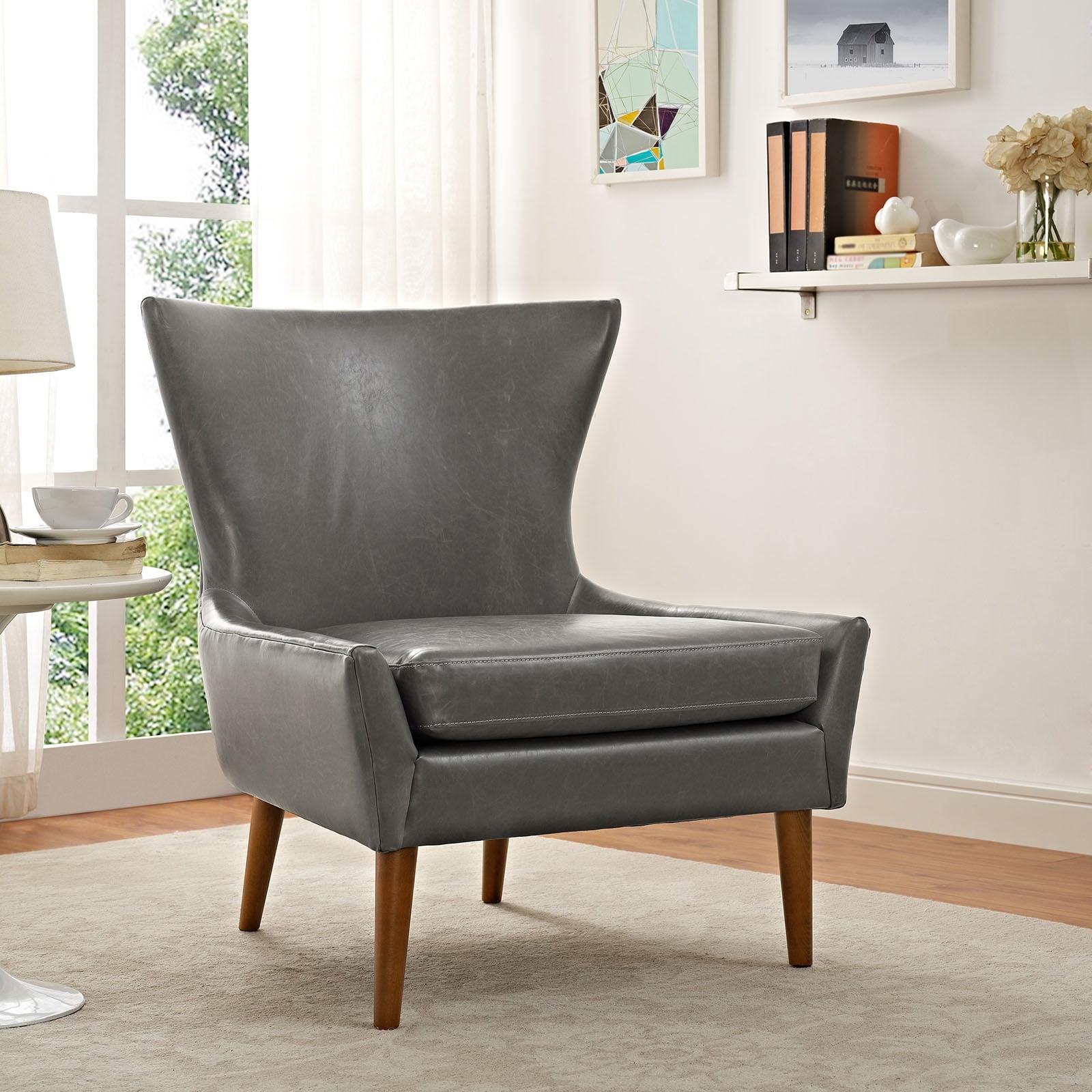 Mid-Century Soar Gray Faux Leather Accent Chair with Walnut Legs