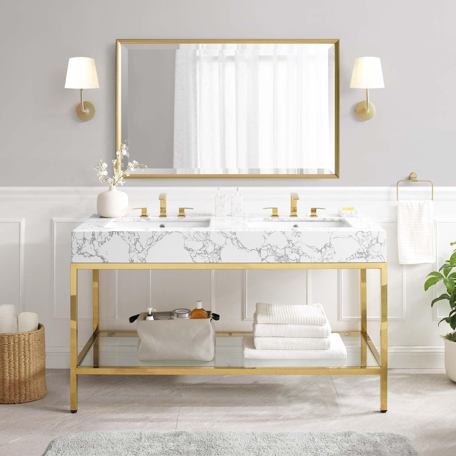 Kingsley 60" Glam Deco Gold and White Double Sink Vanity