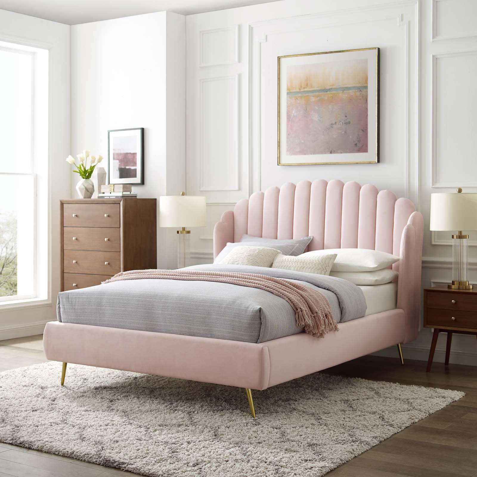 Elegant 70'' Pink Velvet Queen Wingback Platform Bed with Gold Legs