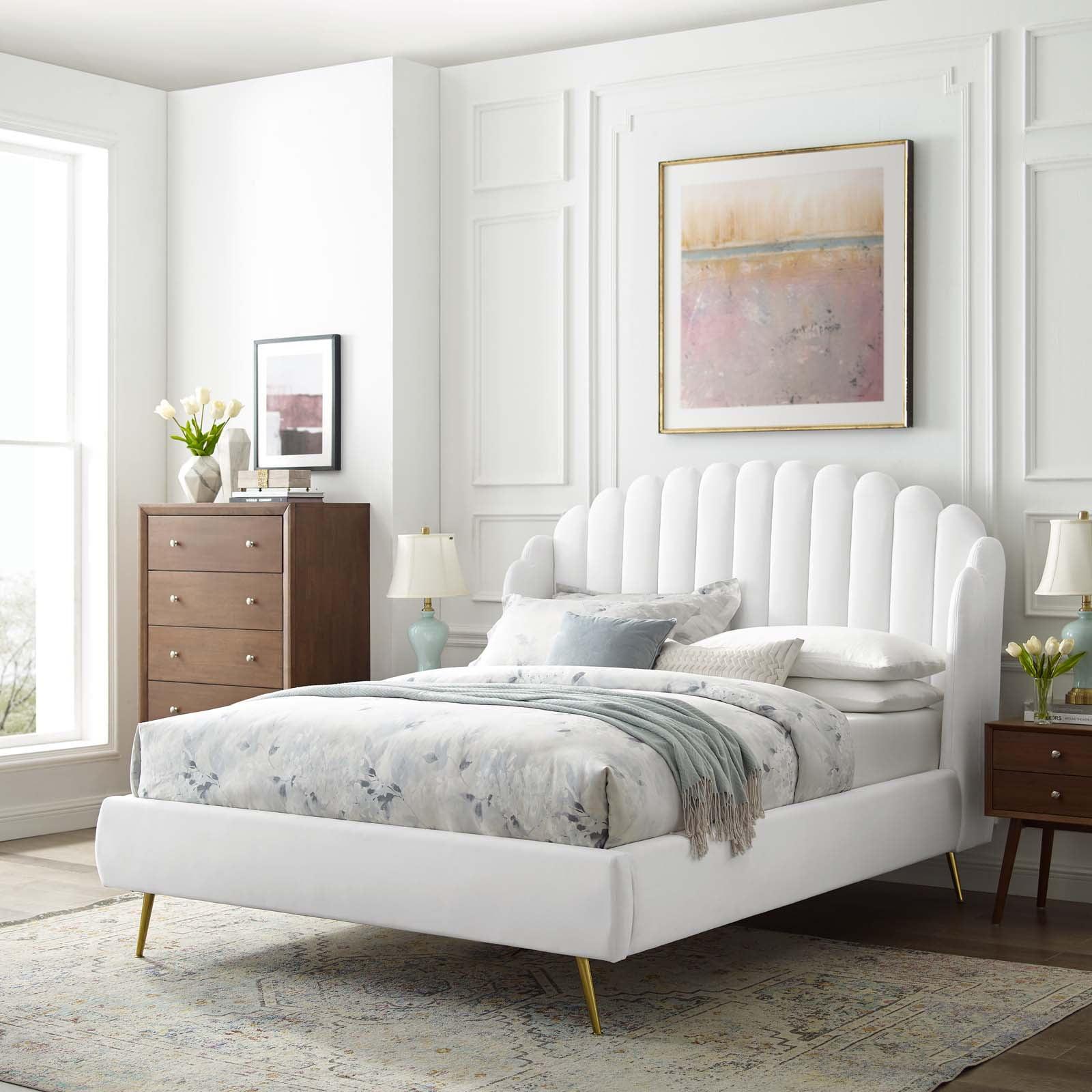 Queen White Velvet Upholstered Wingback Platform Bed with Tufted Headboard