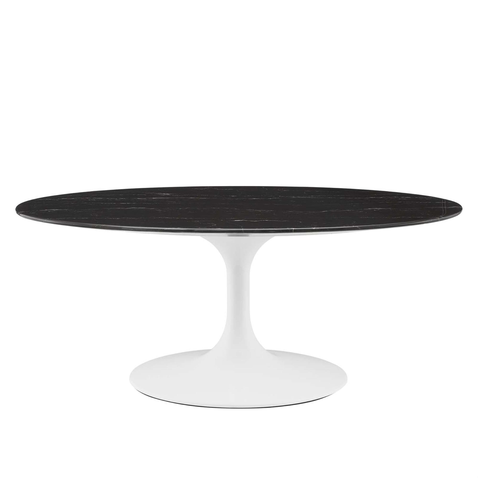 Lippa 42" Oval Black Artificial Marble Coffee Table with White Pedestal Base