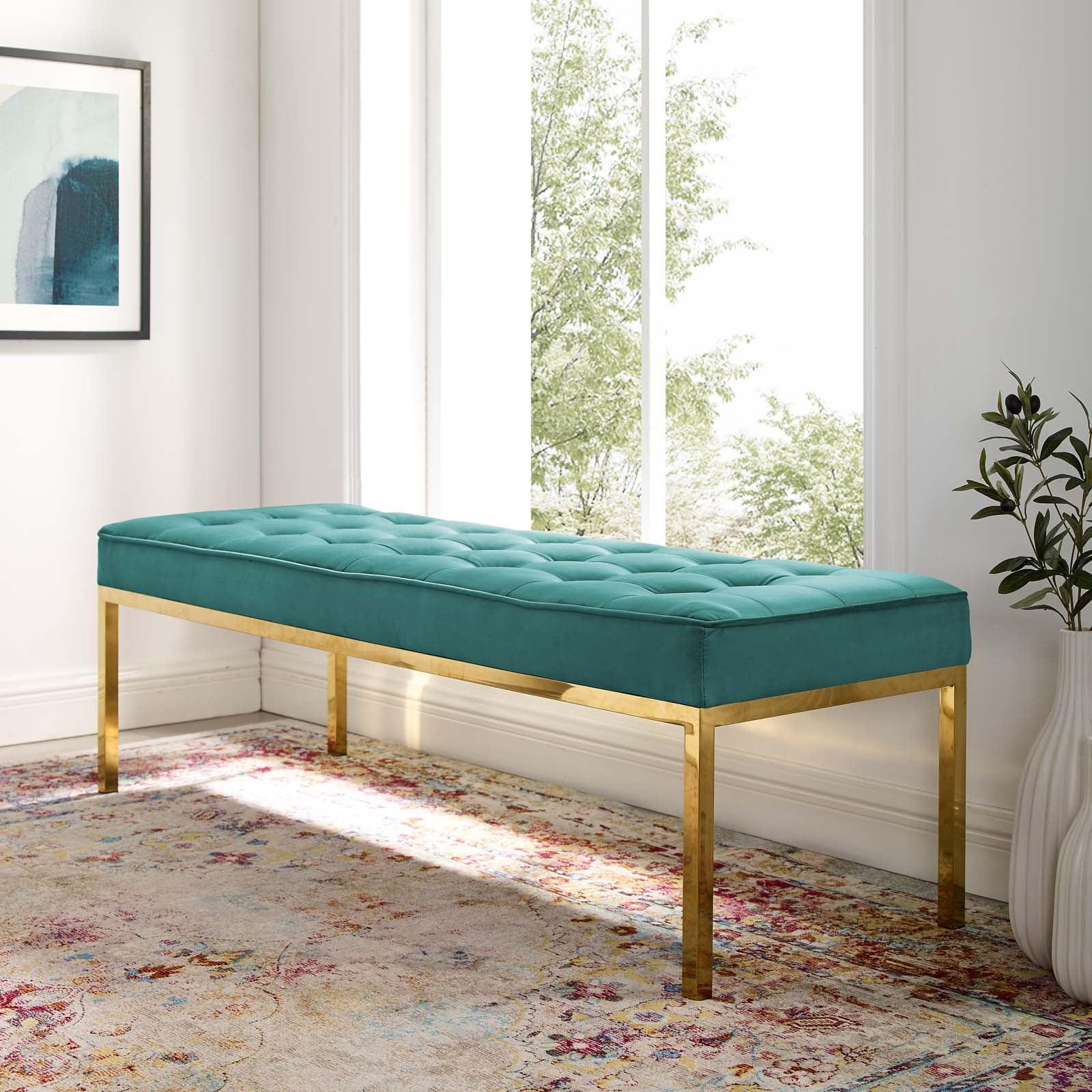 Modway Loft Gold Stainless Steel Leg Large Performance Velvet Bench in Gold Teal