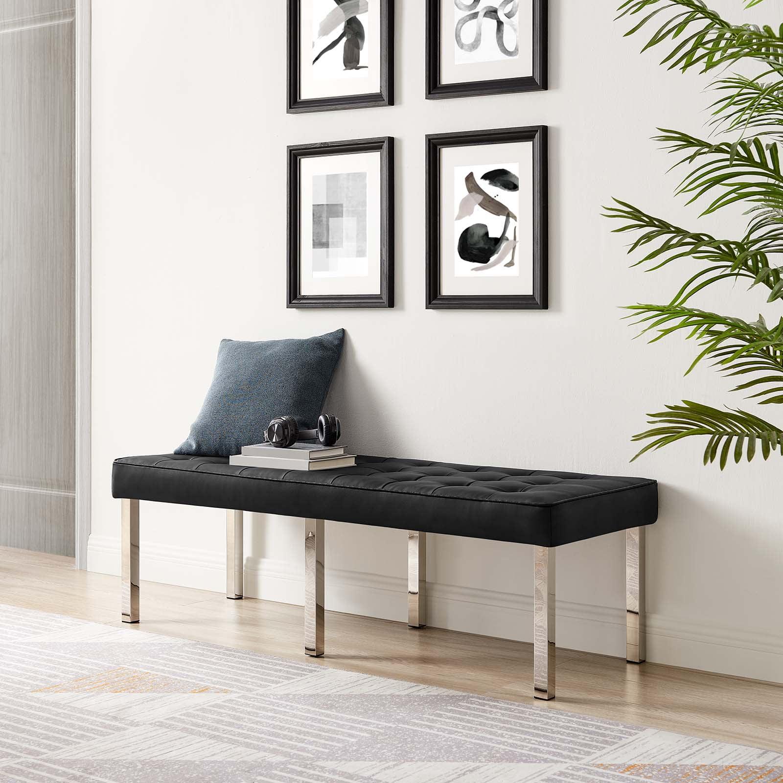 Black Tufted Vegan Leather Bench with Stainless Steel Legs