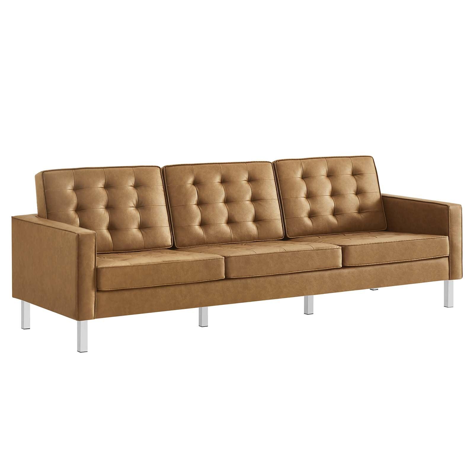 Silver Tan Tufted Faux Leather Sofa with Metal Frame