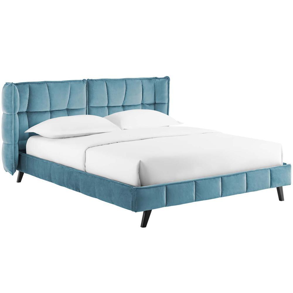 Sea Blue Queen Velvet Tufted Wingback Platform Bed with Slats