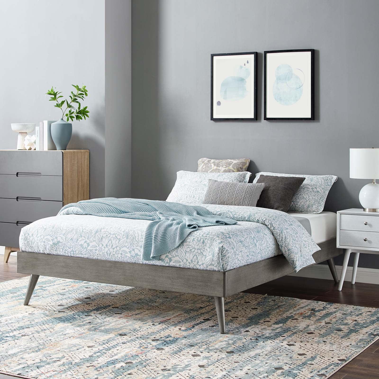 Gray Full Wood Platform Bed Frame with Slats