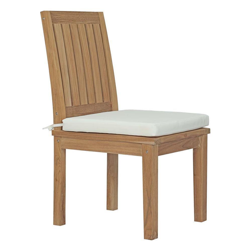 Natural Teak Armless Outdoor Dining Chair with White Cushion