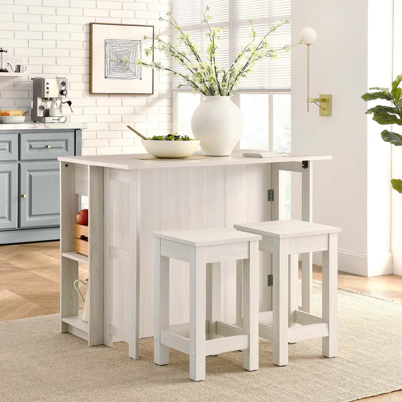 Modway Meadowbrook 3-Piece Kitchen Island and Stool Set in White Maple