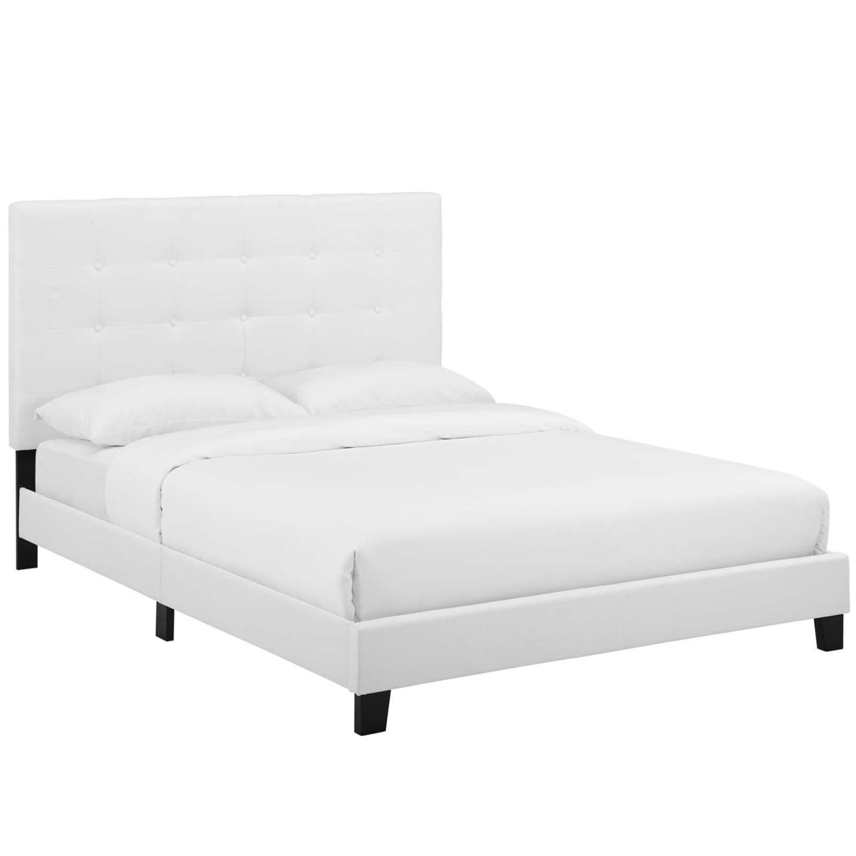 Elegant White Full Platform Bed with Tufted Upholstered Headboard