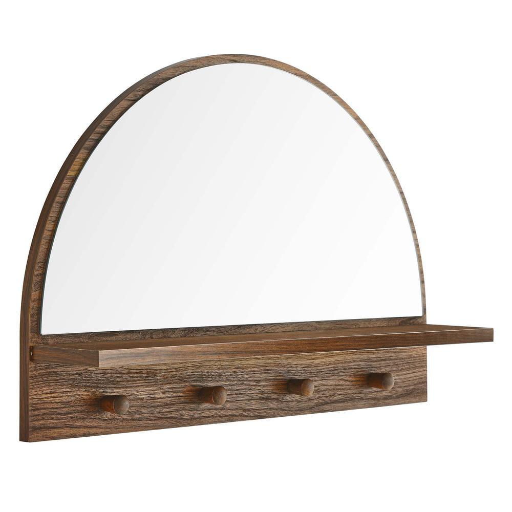 Walnut Arched Wall Mirror with Shelf and Pegs