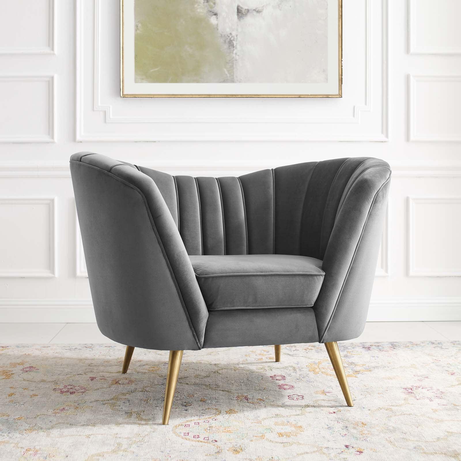Opportunity Gray Velvet Barrel Accent Chair with Gold Legs