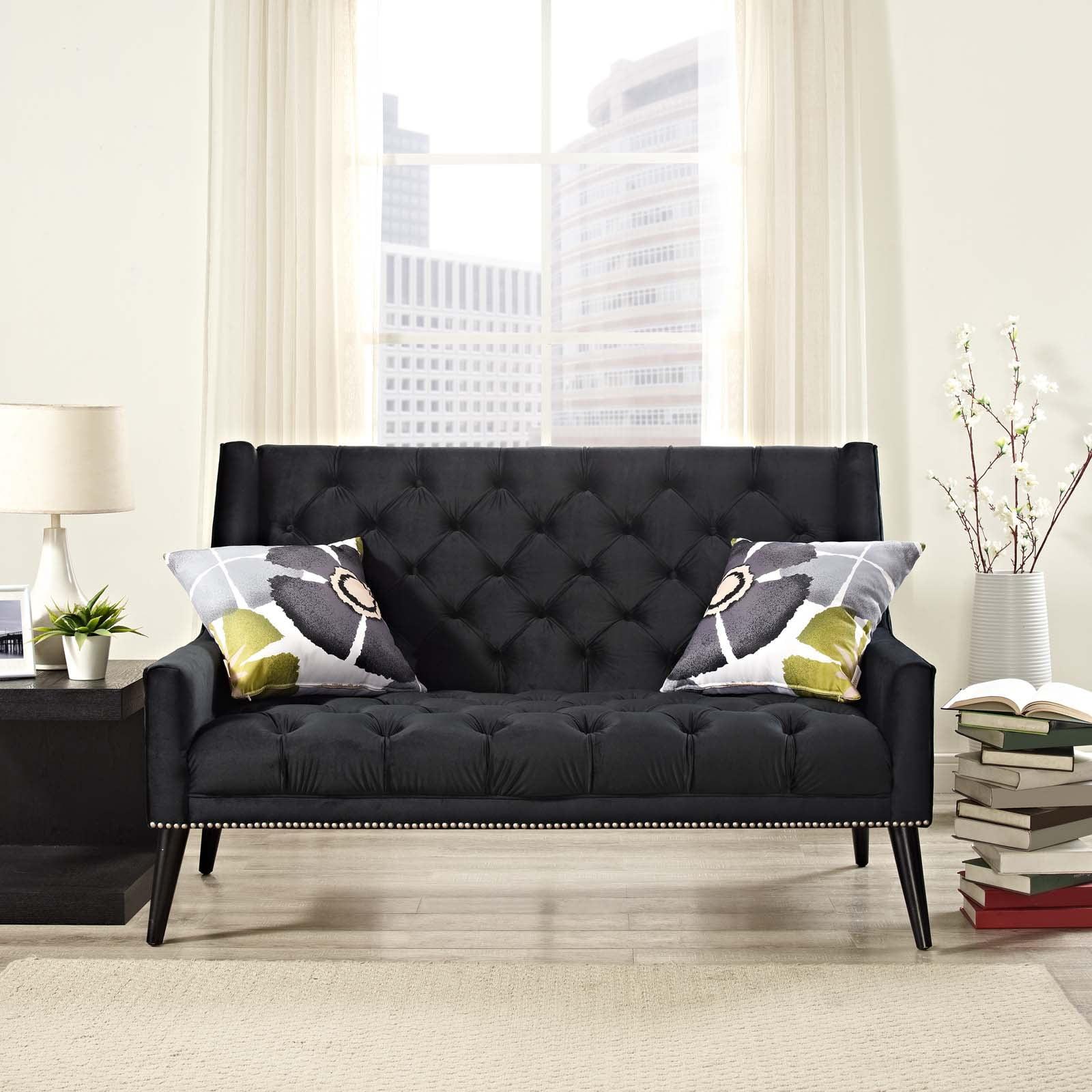 Elegant Black Velvet Tufted Loveseat with Nailhead Detail and Flared Arms