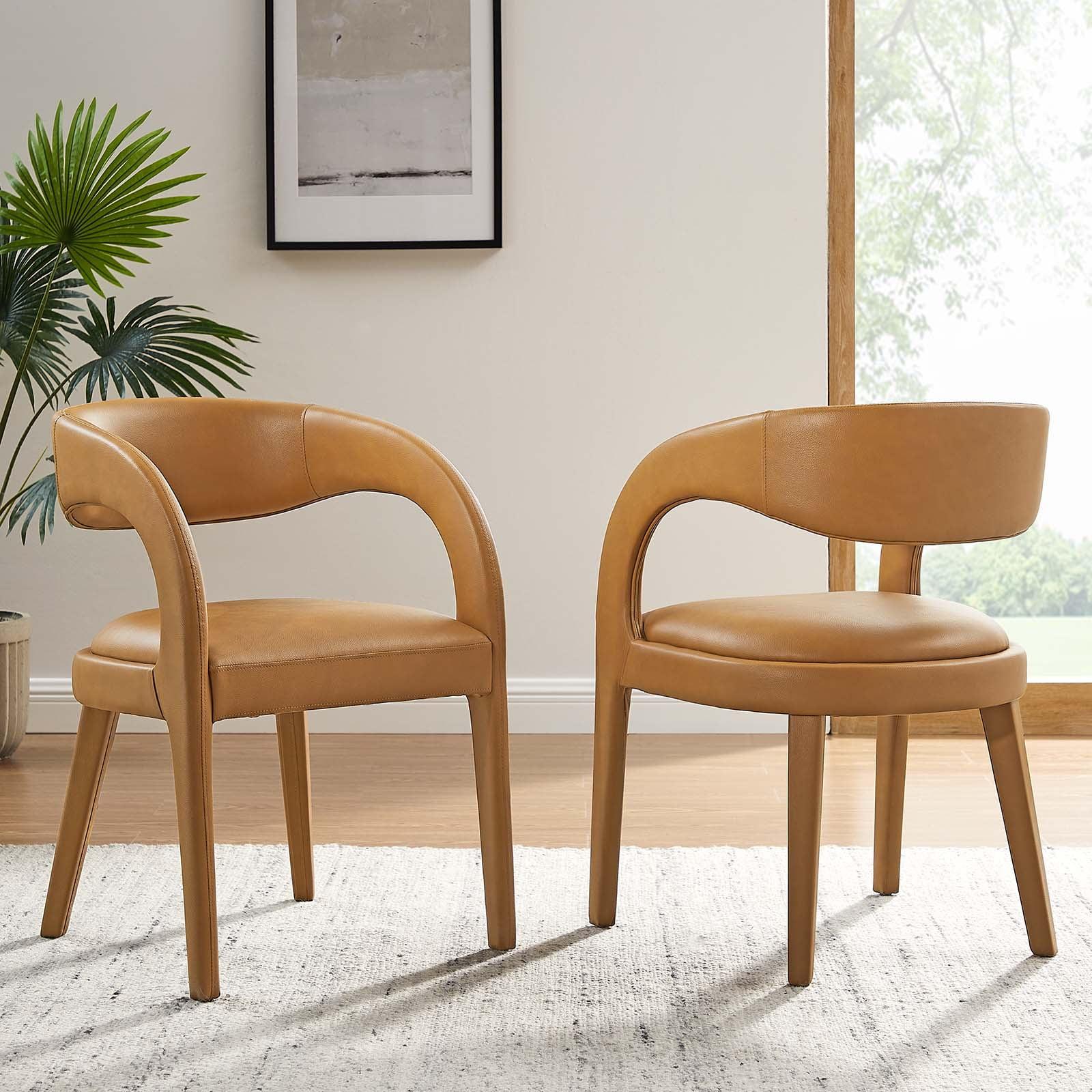 Tan Vegan Leather Low Arm Chair with Wood Legs