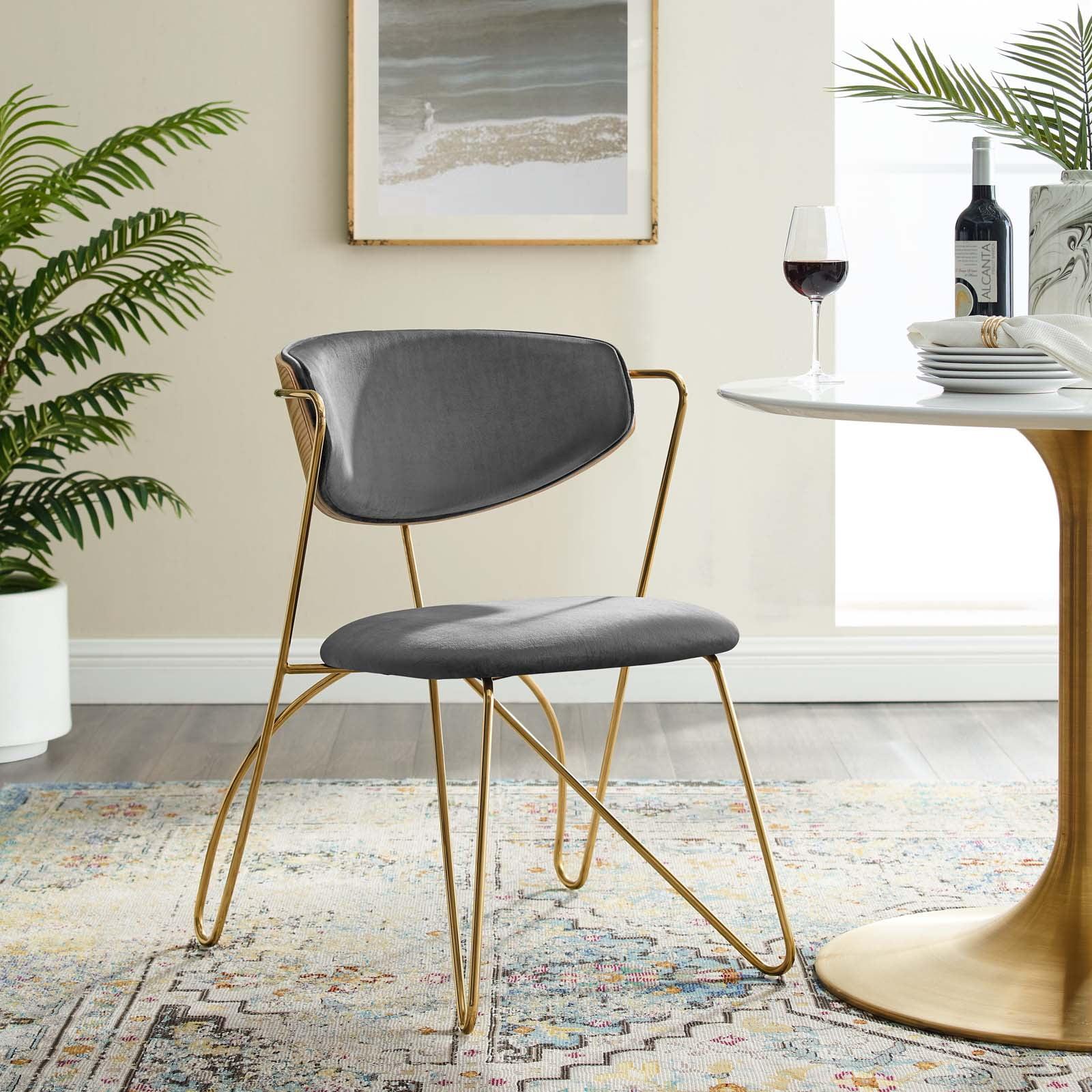 Gold Gray Velvet Upholstered Dining Chair with Metal Frame