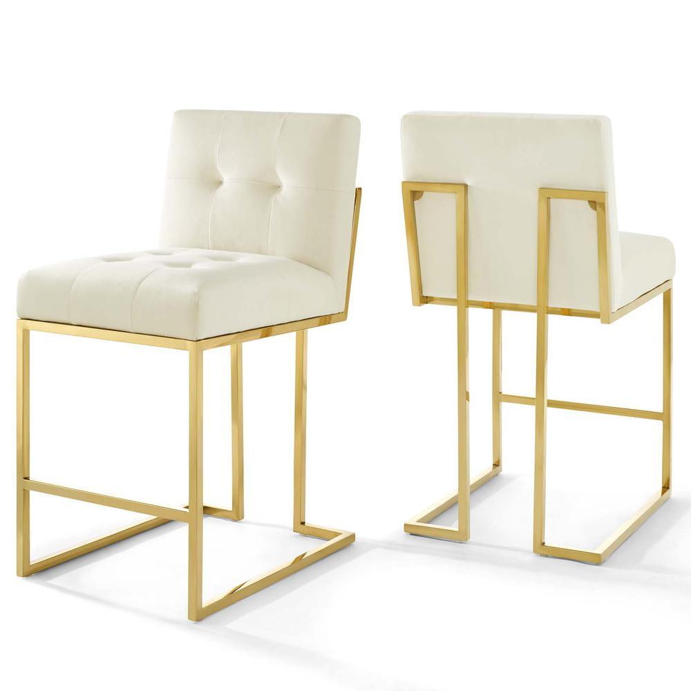 Elegant Gold Ivory Velvet Counter Stool Set with Geometric Base