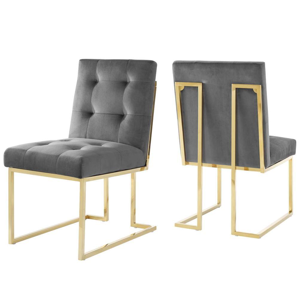 Glam Deco Charcoal Velvet Parsons Side Chair with Gold Metal Base