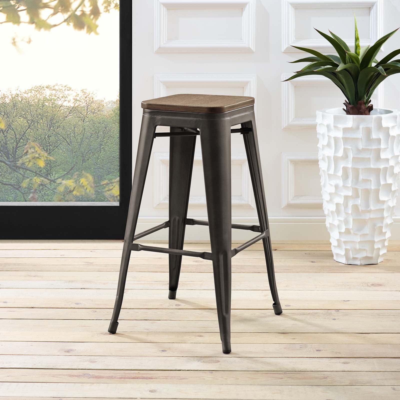 Brown Industrial Metal and Wood Backless Bar Stool