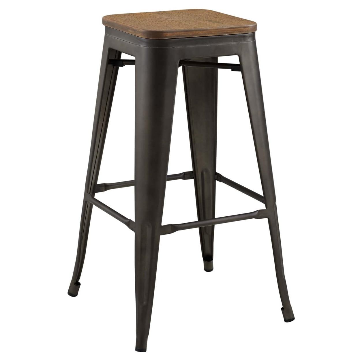 Brown Industrial Metal and Wood Backless Bar Stool