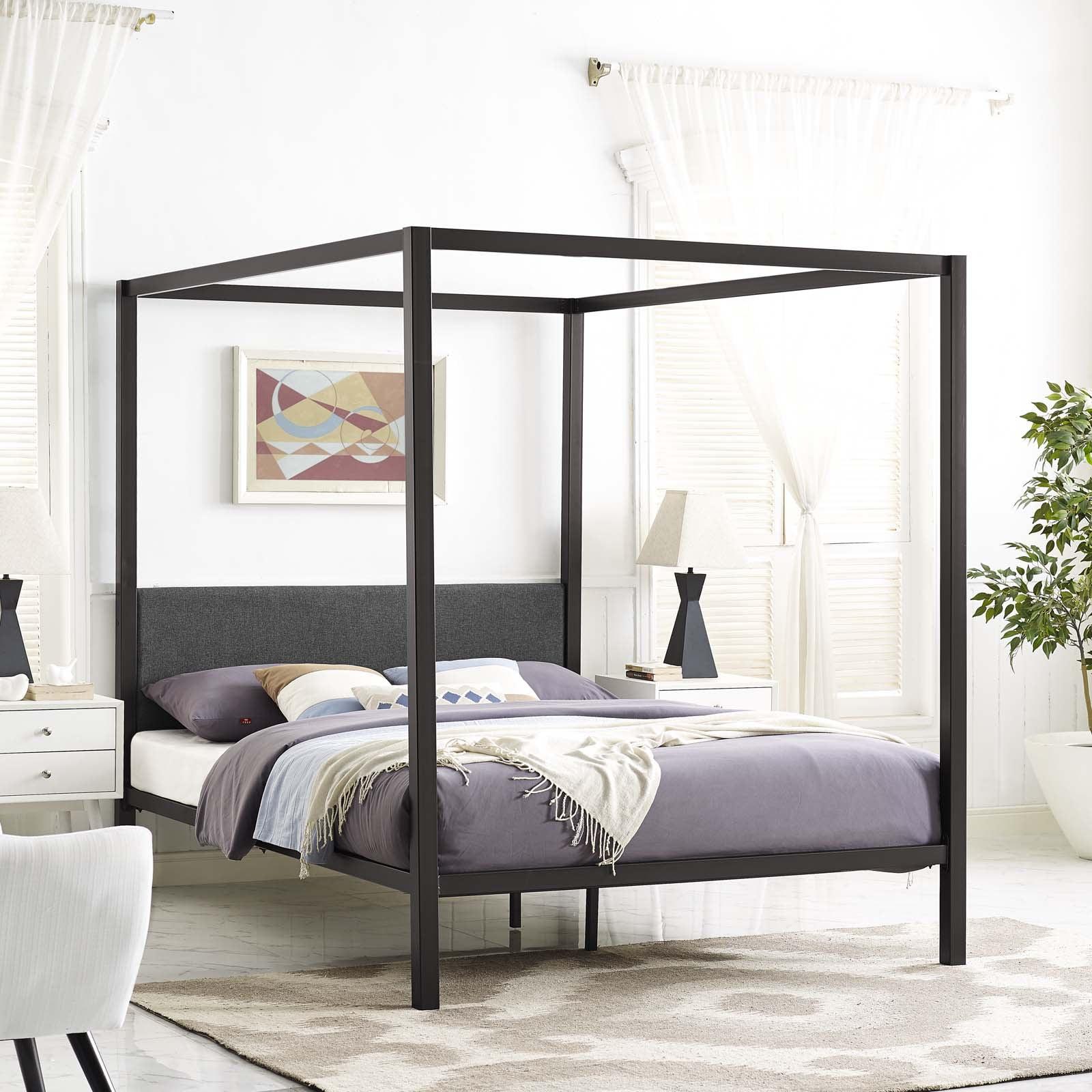 Queen Brown Metal Platform Bed with Wood Headboard and Slats