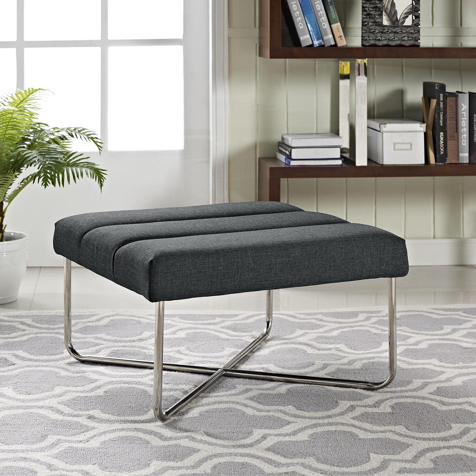 Plush Gray Fabric Ottoman with Polished Steel Base