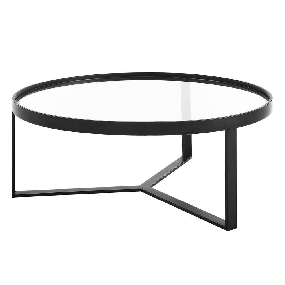 Black Round Glass Coffee Table with Storage