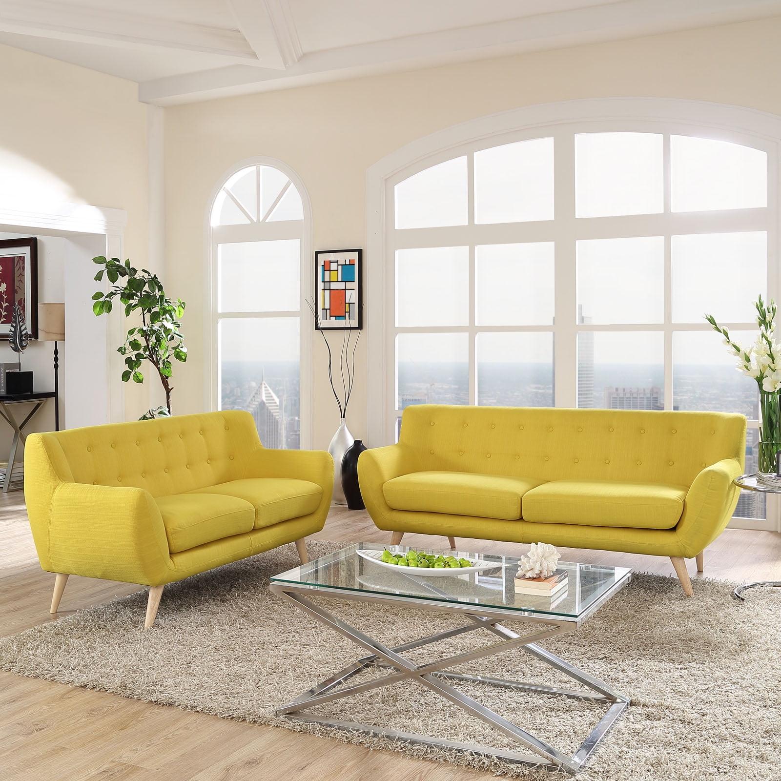 Sunny Yellow Polyester Mid-Century Modern Sofa and Loveseat Set