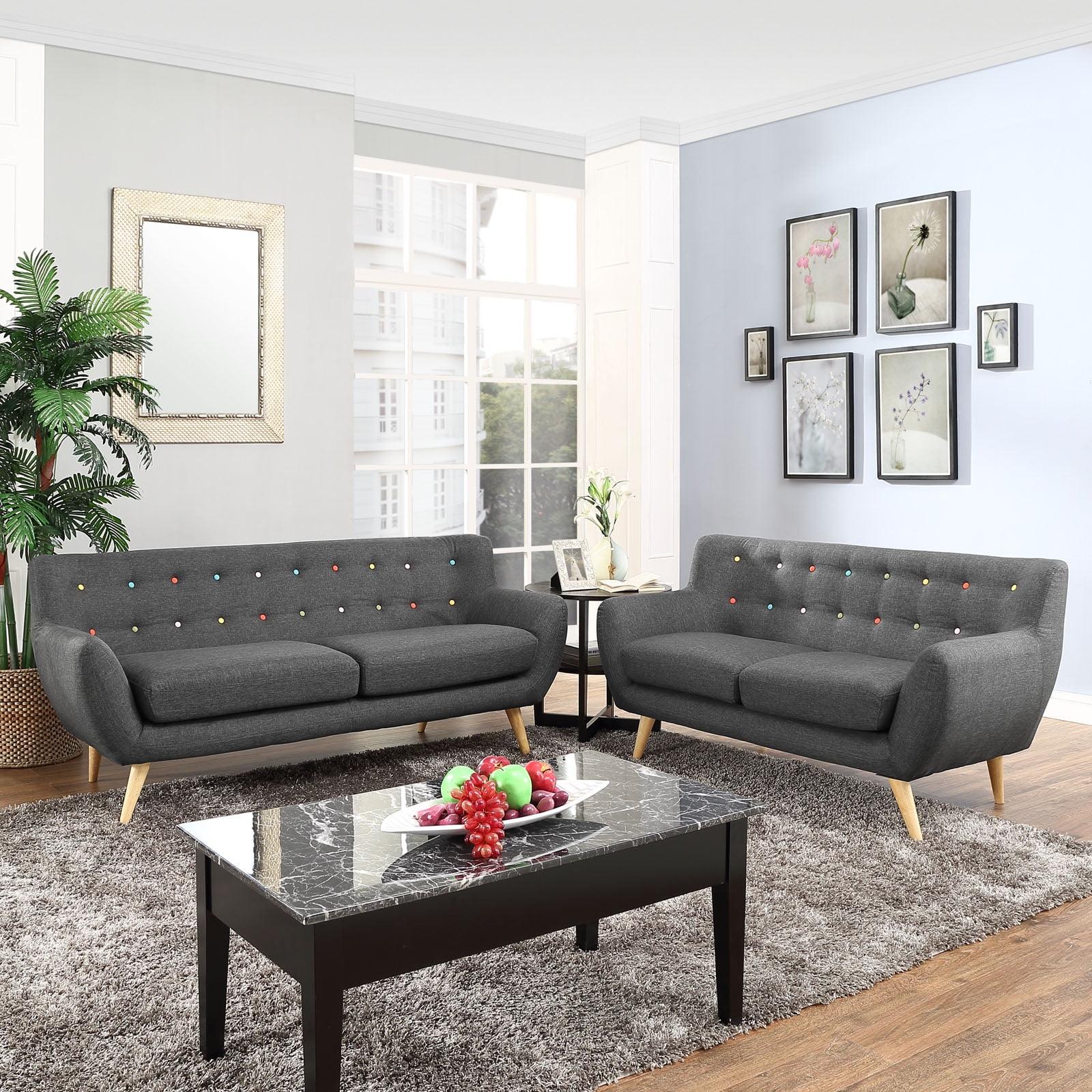 Gray Tufted Fabric Sofa and Loveseat Set with Wood Legs