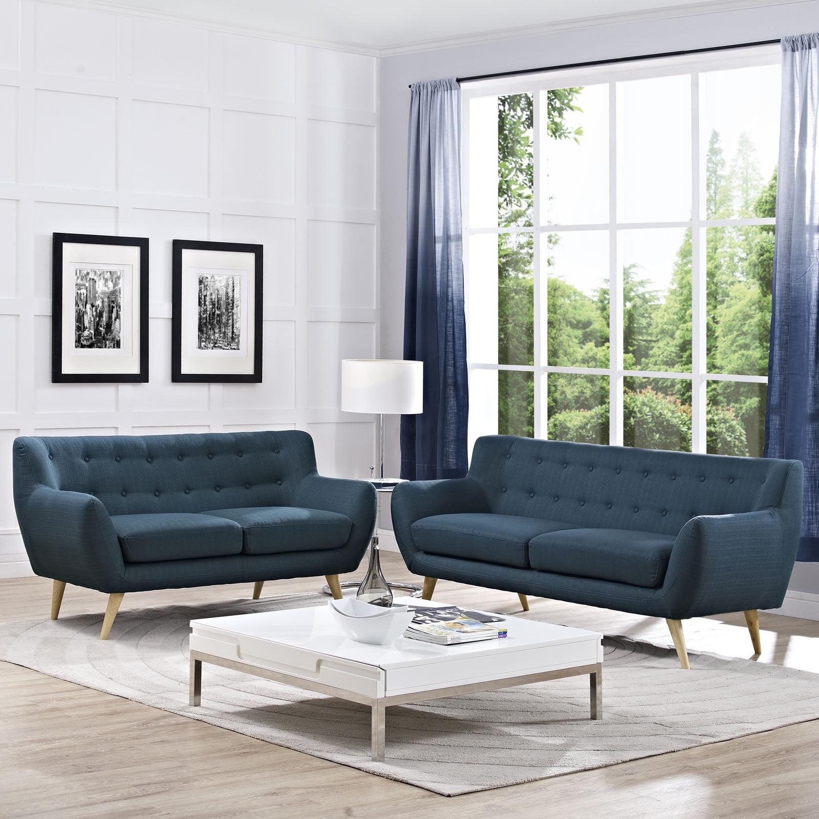 Azure Blue Polyester Mid-Century Modern Sofa and Loveseat Set