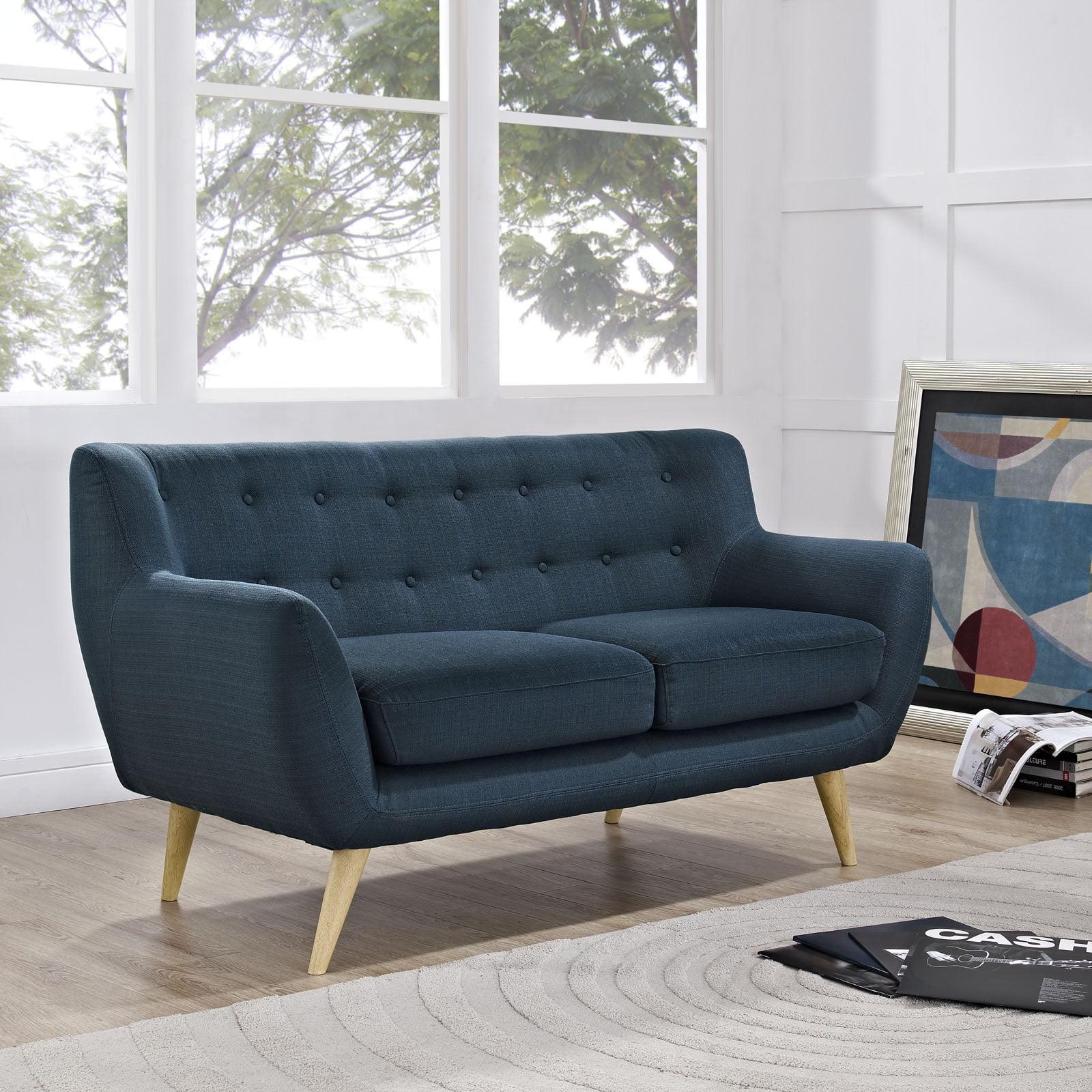 Azure Blue Tufted Fabric Loveseat with Solid Wood Legs