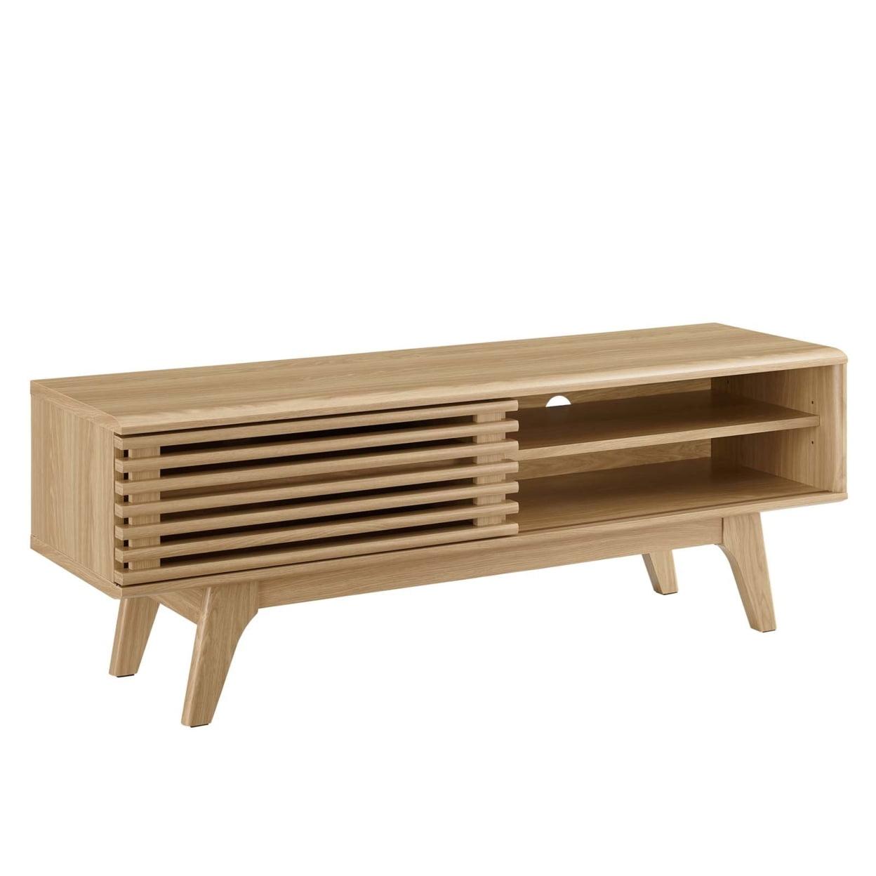 Modern Oak 48" TV Stand with Slatted Cabinet and Tapered Legs