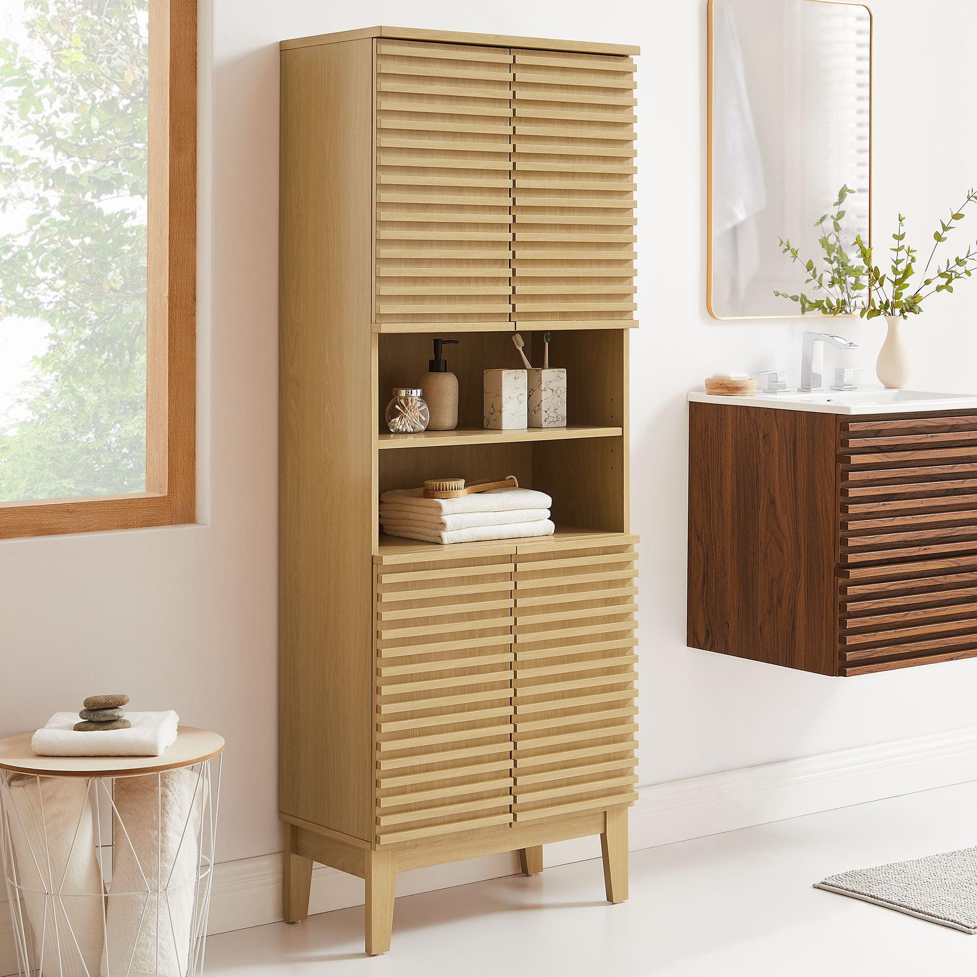 Oak Tall Bathroom Storage Cabinet with Adjustable Shelves