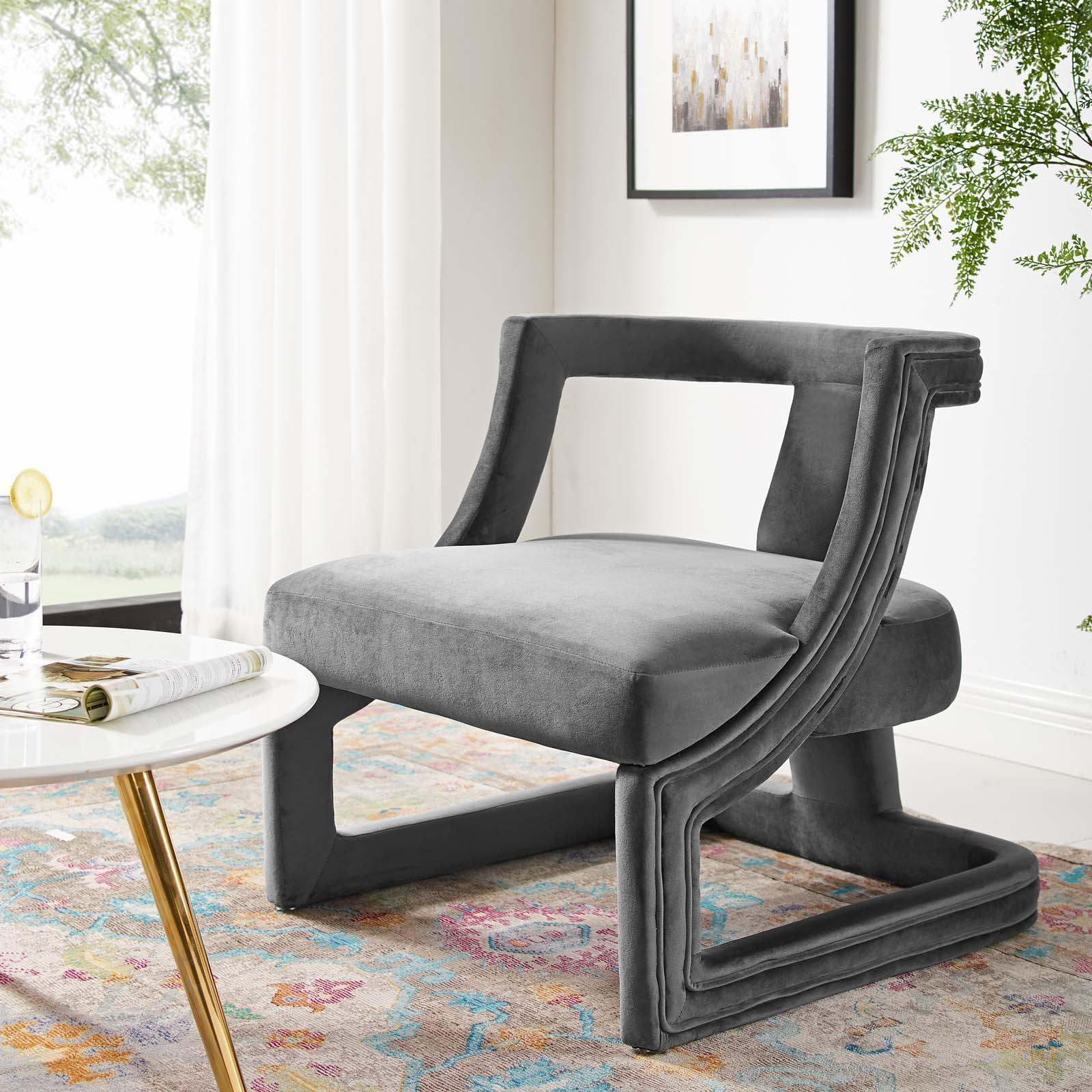 Elegant Gray Velvet Accent Chair with French Piping and Wood Base