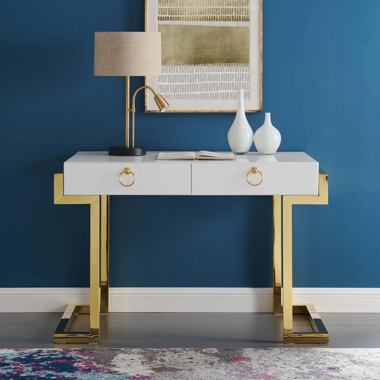 Energetic Gold and White Medium Computer Desk with Drawers