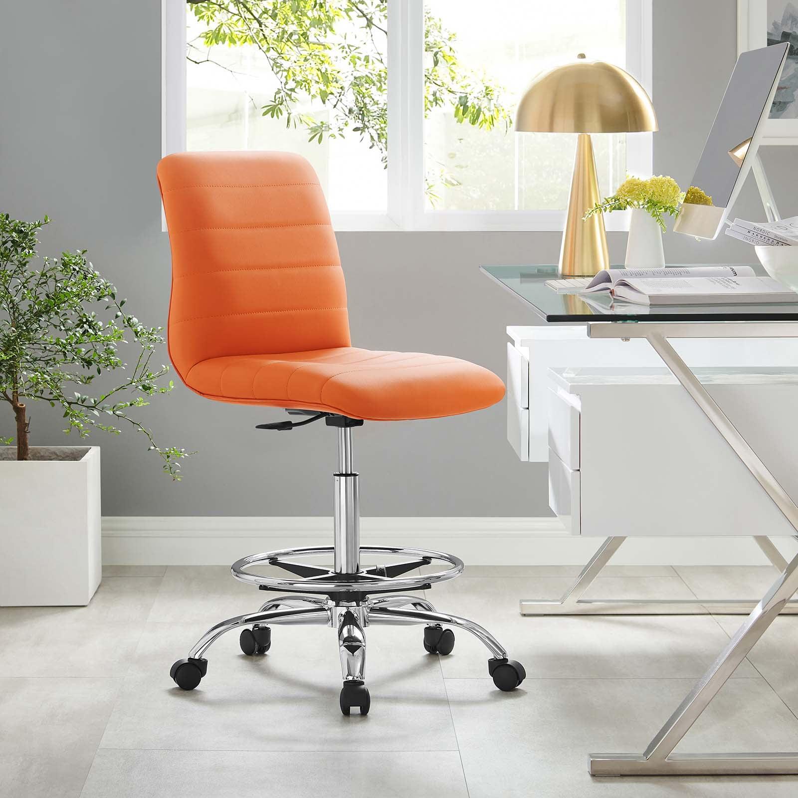 Modway Ripple Armless Vegan Leather Drafting Chair in Silver Orange