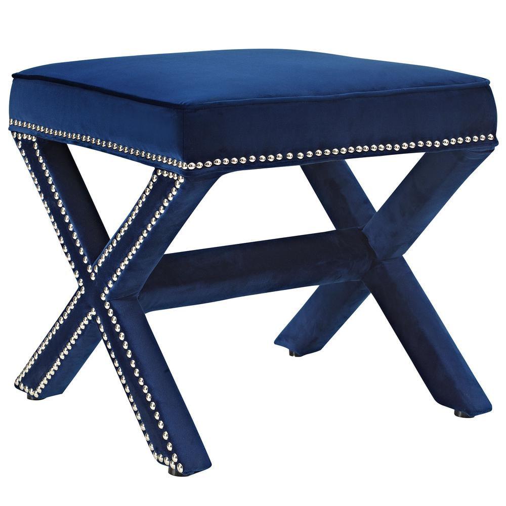 Noble Navy Velvety Polyester Bench with Elegant Nailhead Trim