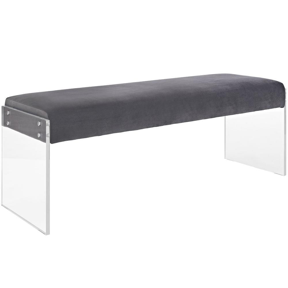 Gray Velvet Bench with Clear Acrylic Legs