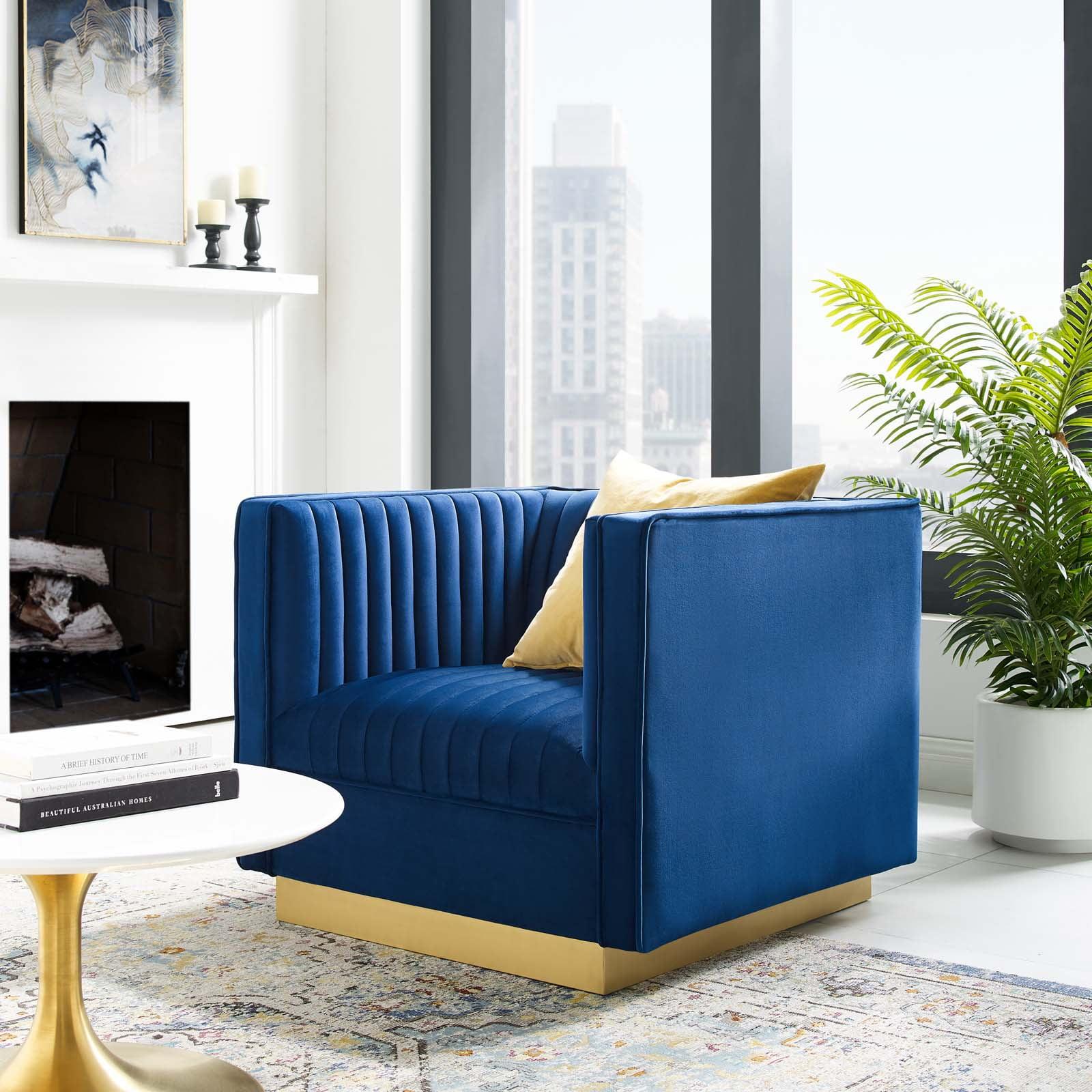 Navy Velvet Accent Chair with Gold Stainless Steel Base