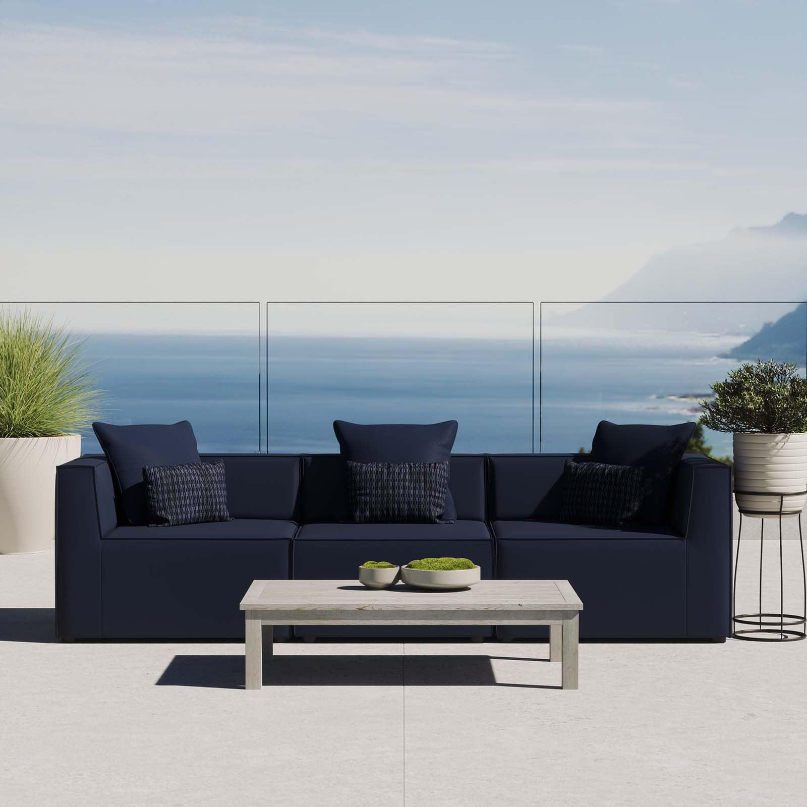 Navy Upholstered Three-Seat Outdoor Sectional Sofa with Metal Frame