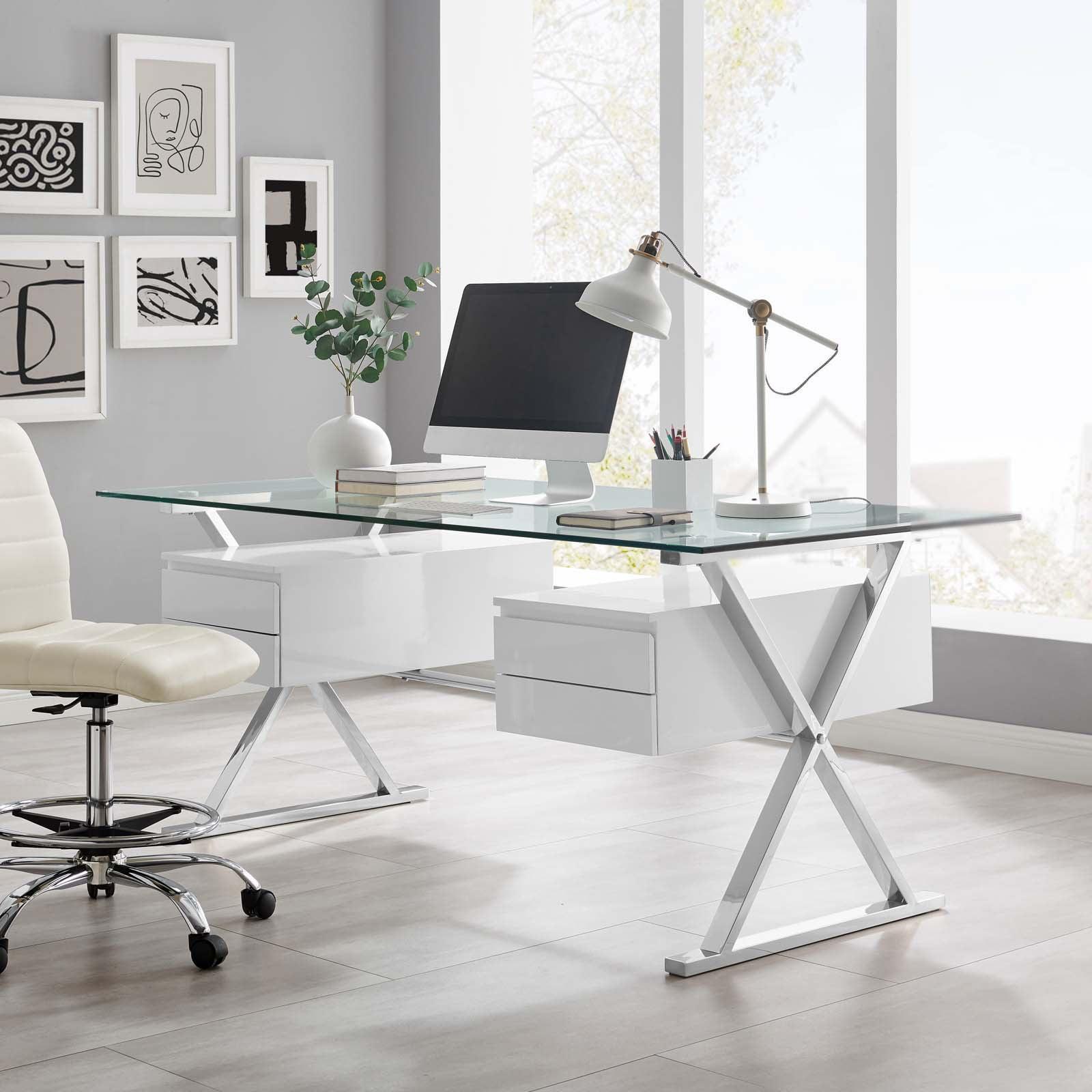Elegant 71" White Glass Desk with Floating Drawers & Steel Frame
