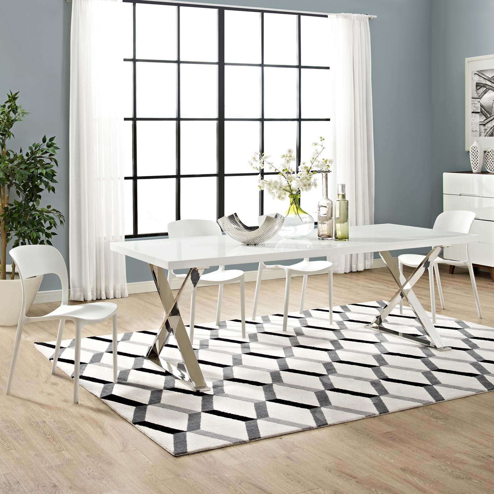 Modway Sector 87" Wood & Stainless Steel Cross Base Dining Table in White/Silver