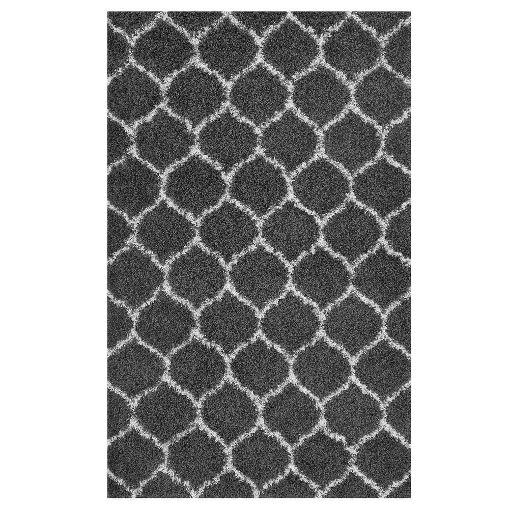 Dark Gray and Ivory Moroccan Trellis Shag Area Rug