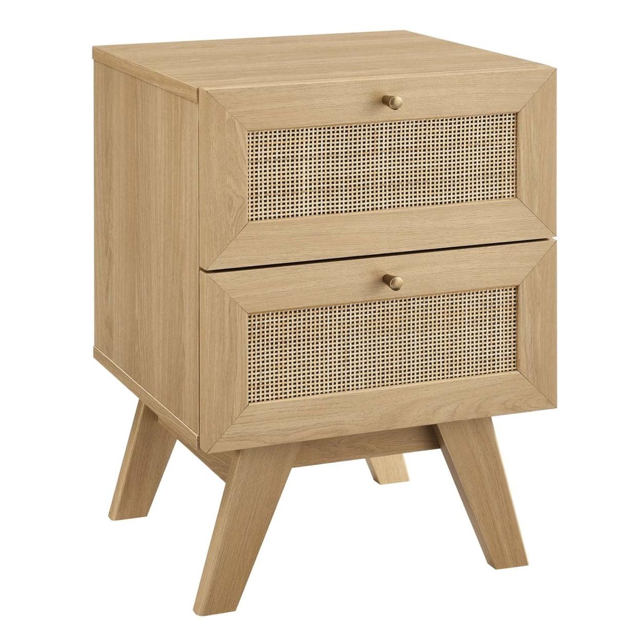 Soma Oak 2-Drawer Nightstand with Rattan Weave Detail