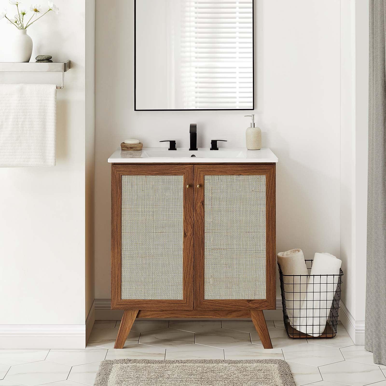 Soma 30" Walnut Bathroom Vanity Cabinet with Rattan Doors