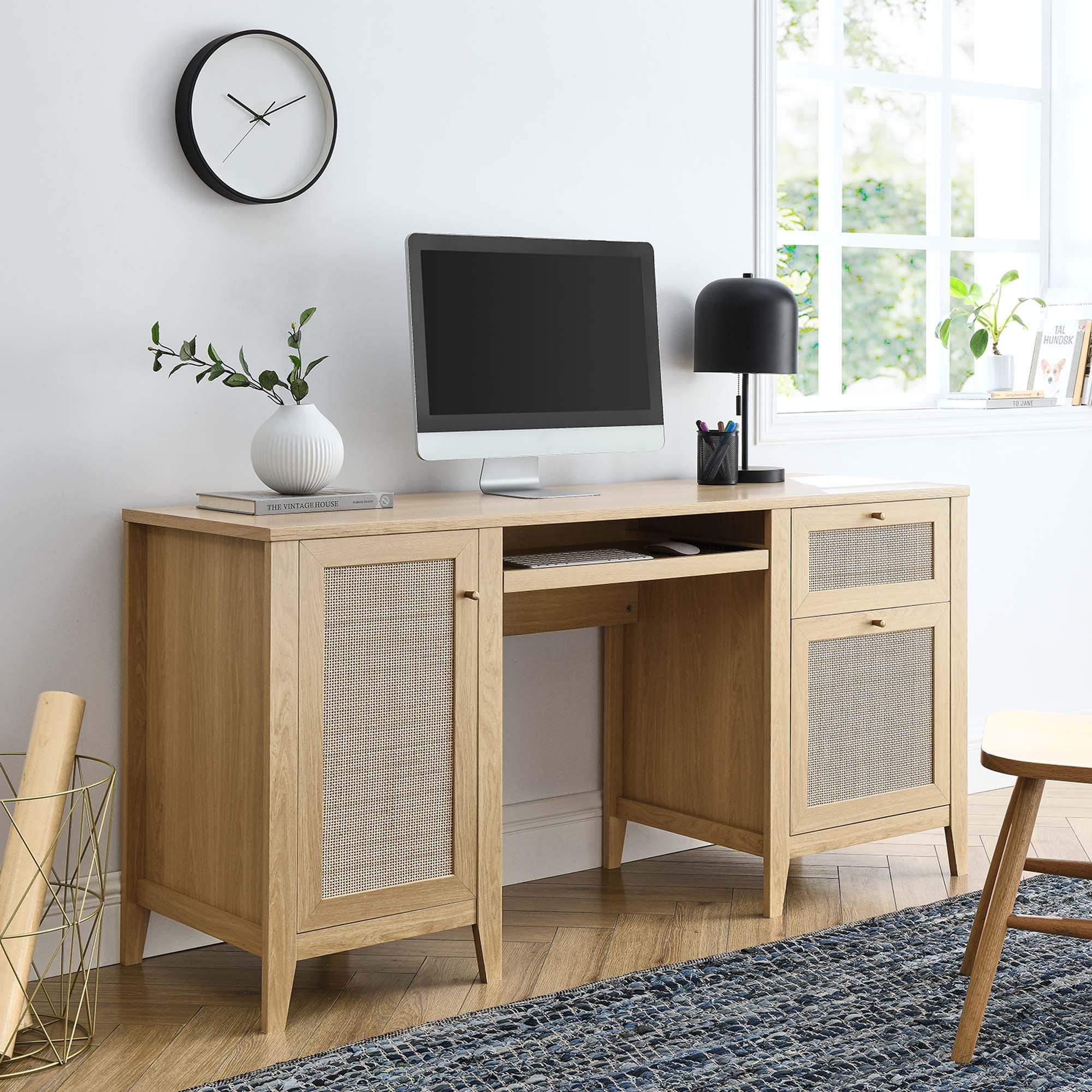 Oak Wood Office Desk with Rattan Weave and Storage