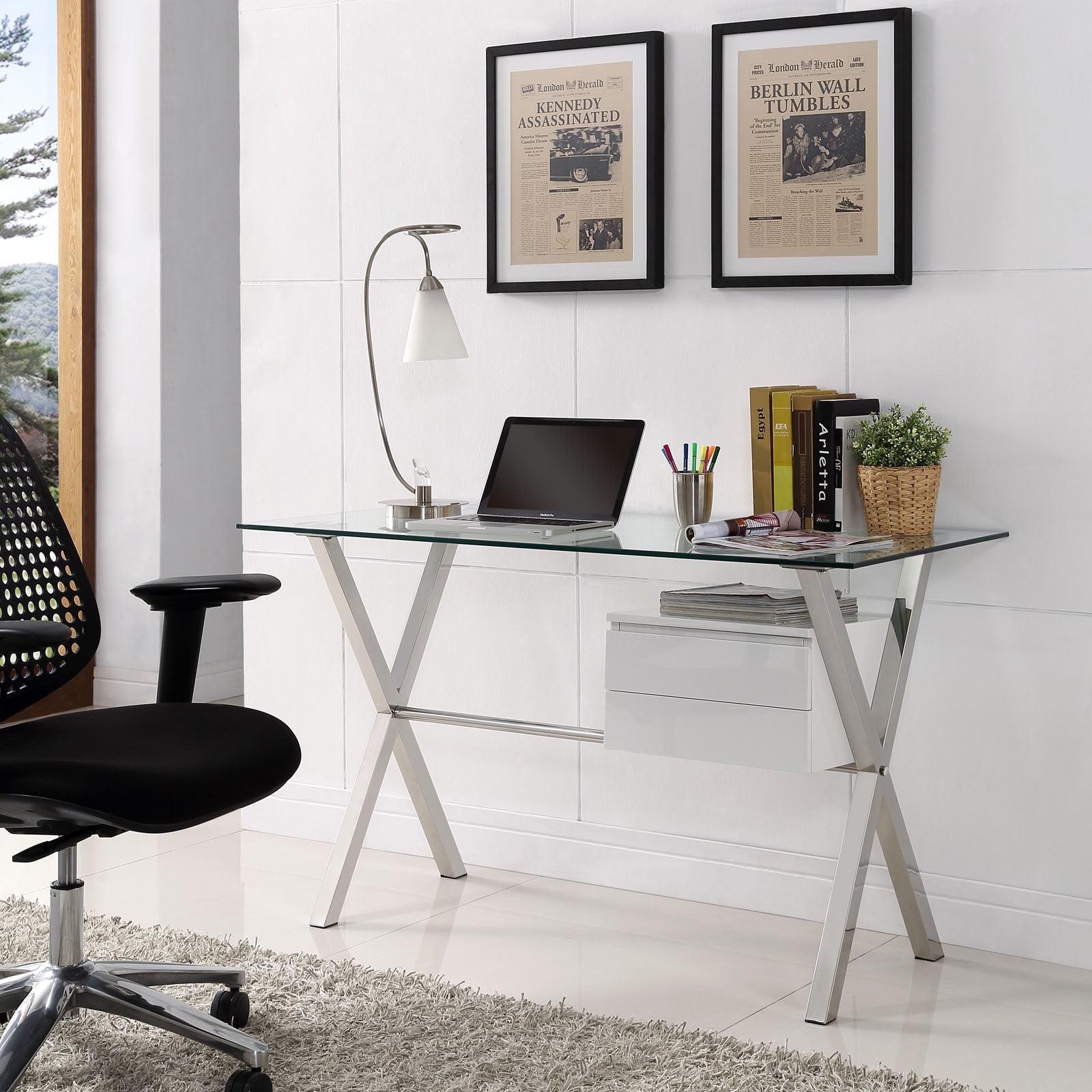 White Glass Top X-Base Office Desk with Drawer