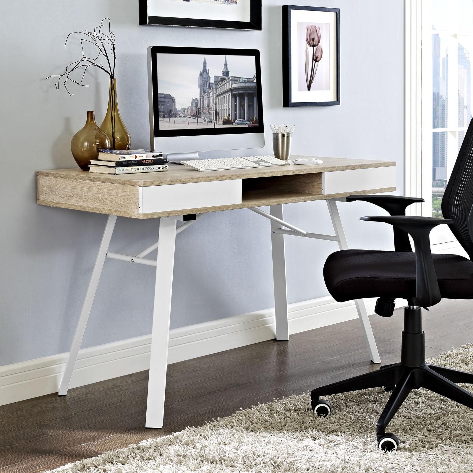 White and Oak Trestle Base Writing Desk with Drawer