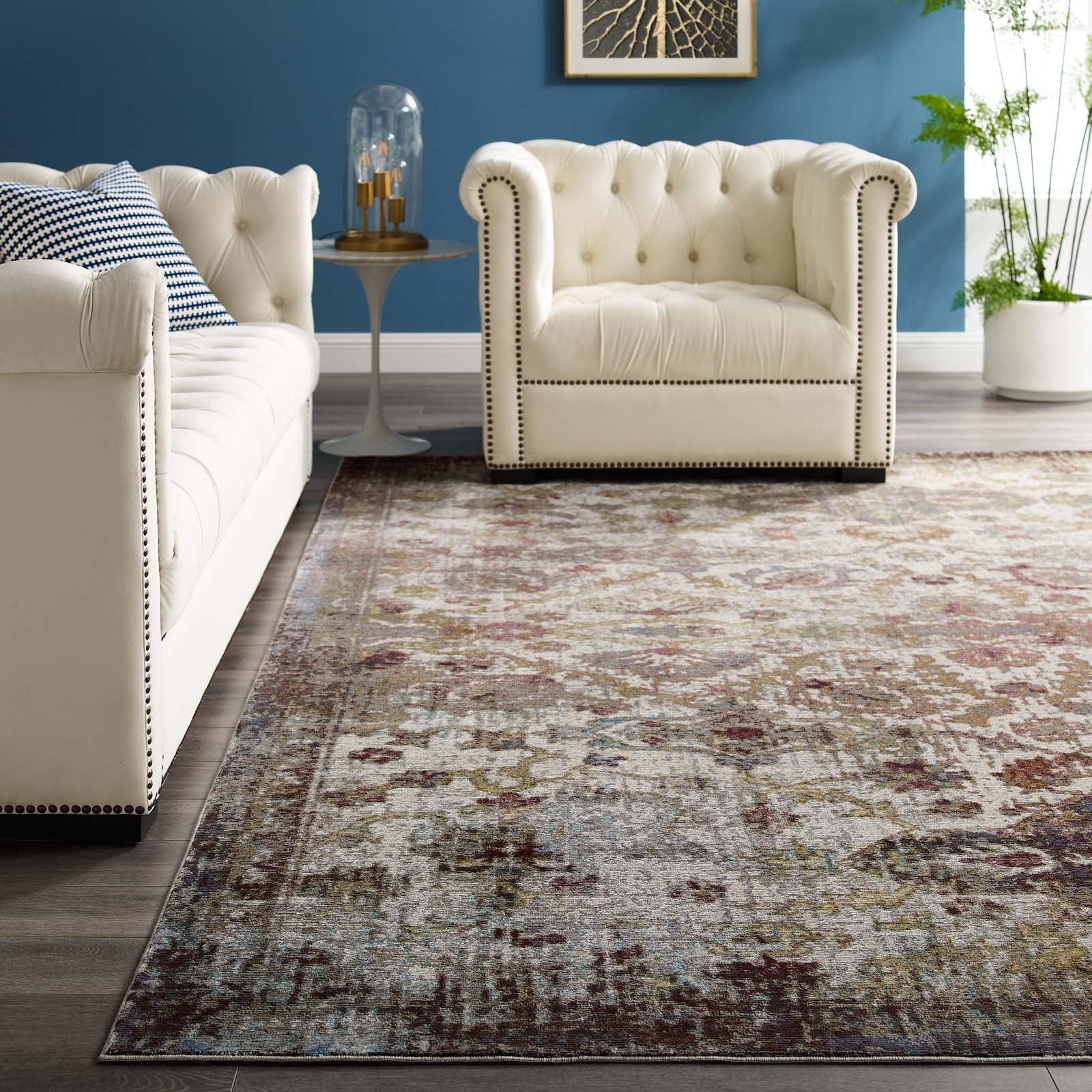 Elegant Blue Floral Synthetic 8' x 10' Easy-Care Area Rug
