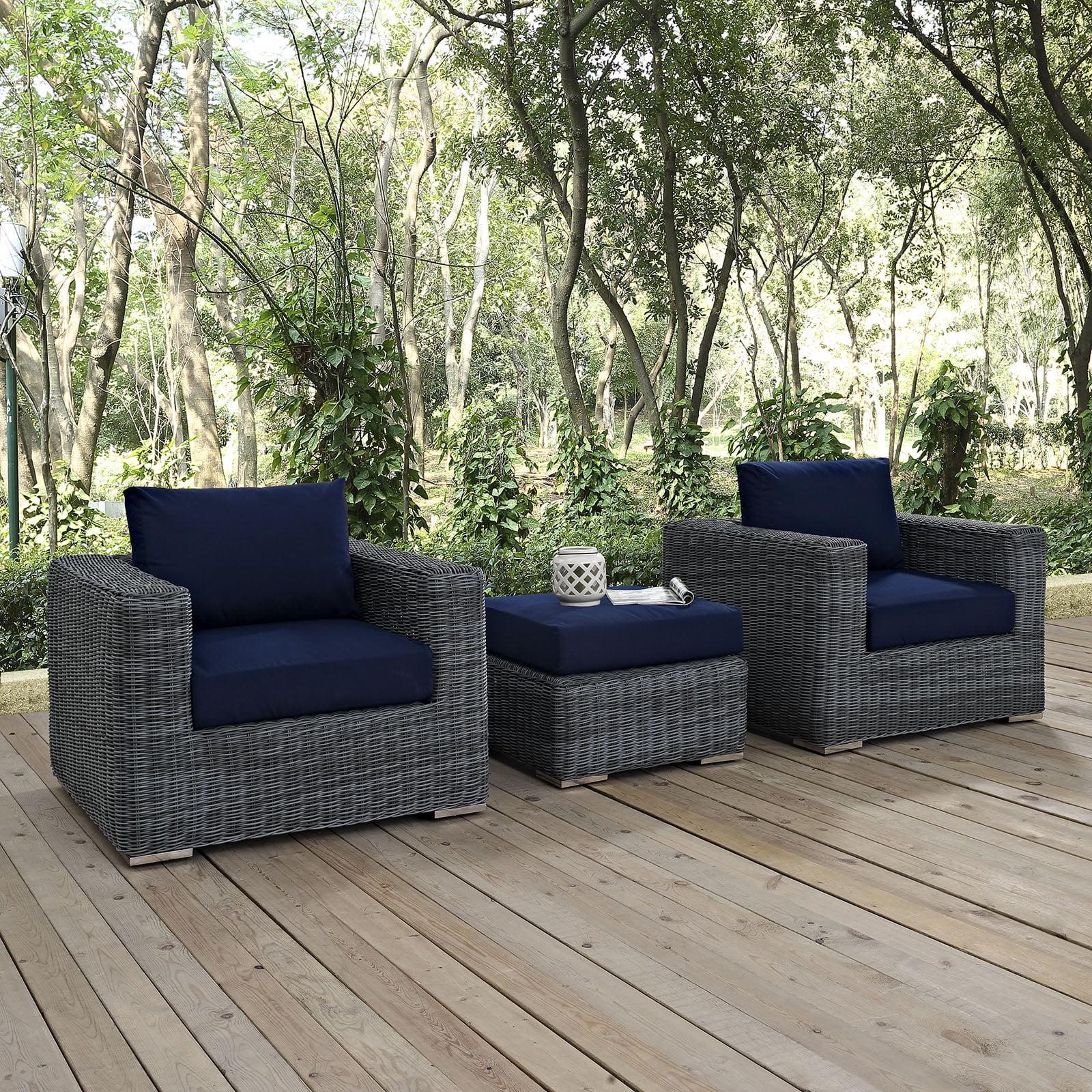 Canvas Navy 3-Piece Outdoor Rattan Sectional Set